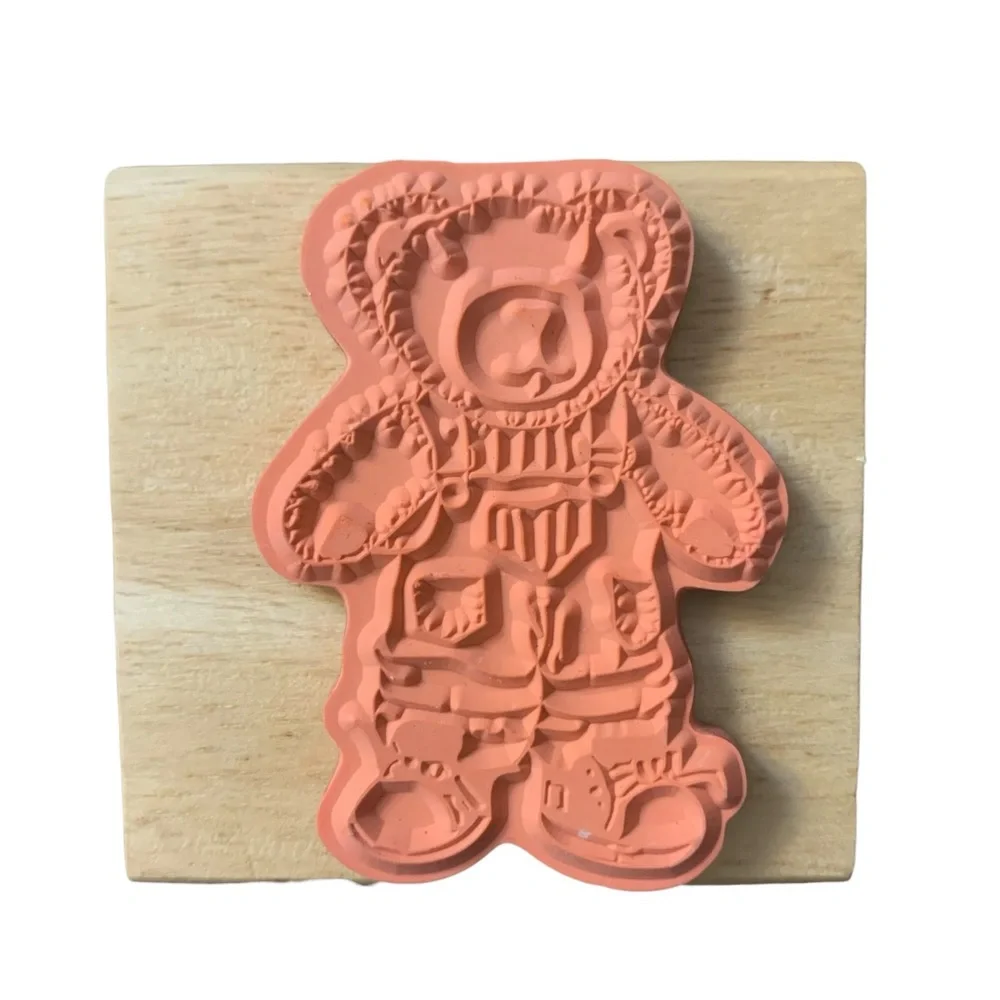 -New-Teddy Bear with Overalls Rubber Stamp Wooden Mount